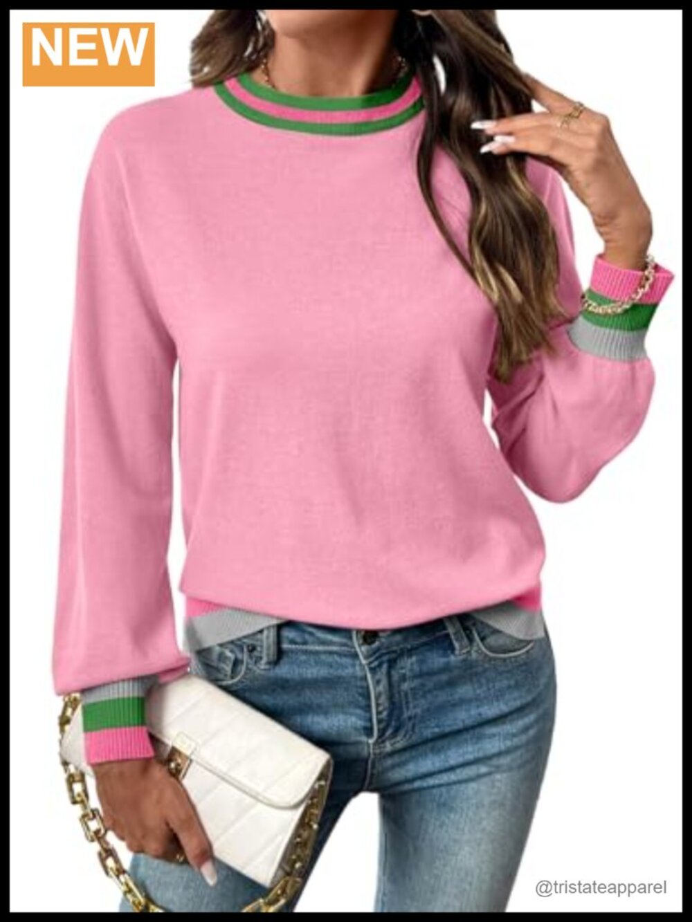 Womens Crew Neck Long Sleeve Color Block Sweater Pullover Loose Fit Knit Top